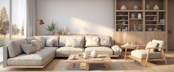 Scandinavian interior design living room 3d render with gray and beige colored furniture and wooden elements