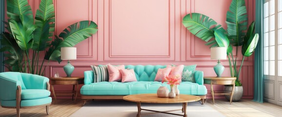 Tropical living room design with shades of millennial pink and teal.