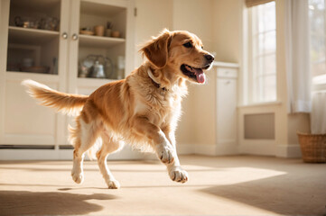 Fototapeta na wymiar A golden retriever playing and jumping in the living room. pet concept, purebred dogs.