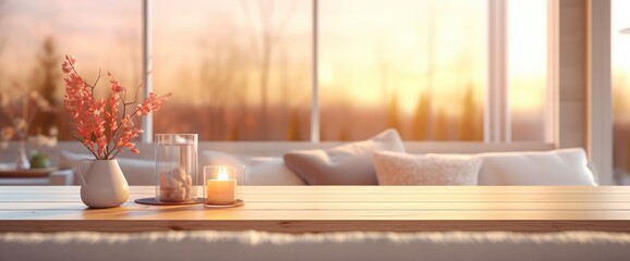 Wooden Table Top with Blur of Cozy Living Room. 3d Render
