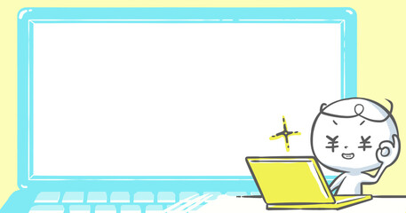 【ブログで使えるアイキャッチ】ノートPCの前で目が￥になる白い人