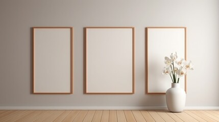 Fototapeta na wymiar 3D render Modern interiors empty room with plant vase and floor parquet . photo frame