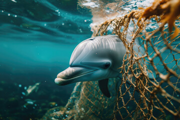 a dolphin caught in a fishing net highlights the problem of marine life affected by human waste