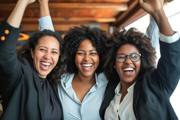 Fototapeta premium Three women celebrating professional success in the office, teamwork, work friends.