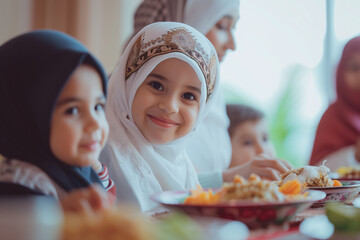 a Muslim girl having dinner with her family - obrazy, fototapety, plakaty