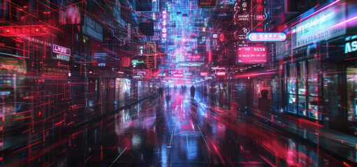 A neondrenched street lined with murky cybernetic stores and swirling holographic adver where the line between reality and fiction blurs.