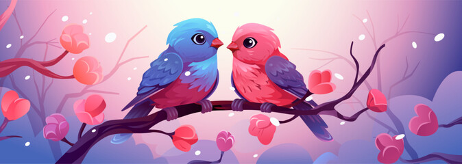 two birds sitting on branch happy valentines day celebration greeting card horizontal
