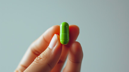 Hand holding green pill, healthcare: medicine, antibiotic, supplement