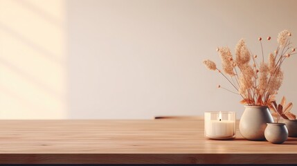 Close-up image, Empty copy space on wooden dining table with decors in minimal and cozy home living room. 3d render, 3d illustration