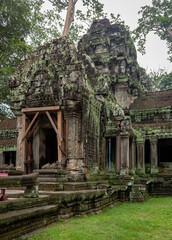 Fototapeta premium Green moss-covered stone building at Ta Prohm Tomb Raider temple complex. Angkor Wat historical site, Siem Reap, Cambodia on a cloudy day