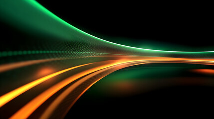 Green and orange light tail waves, modern car light background, neon light stripes