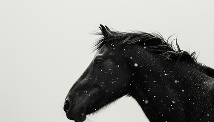 A monochrome portrait of a horse in profile, its dark features dusted with delicate snowflakes against a pure white background