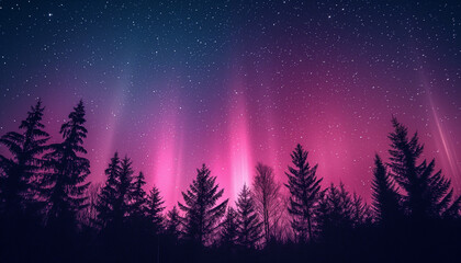 aurora borealis with a stunning purple and pink glow over a forest silhouette against a starry...