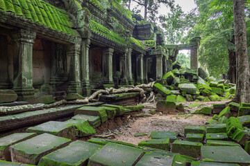 Green moss-covered stone building and bricks at Ta Prohm Tomb Raider temple complex. Angkor Wat...
