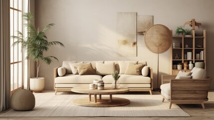 Fototapeta na wymiar Creative composition of living room interior with beige sofa, wooden coffee table, rattan sideboard, partition wall, lamp, beige carpet, stylish armchair 