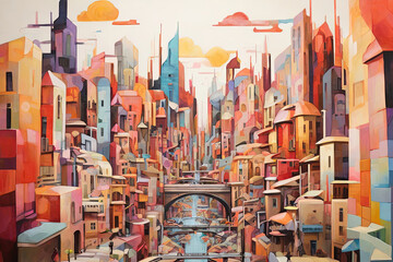 Dynamic cityscape painting. Bursting with colorful shapes, this artwork captures the energy and vibrancy of urban life.