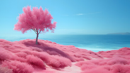 3D render of a tree on a cliff in a foggy forest,A Serene Bloom: A Colorful Landscape of Spring Flowers Under the Blue Sky