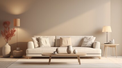 Fototapeta na wymiar Interior of living room in off white color with a big soft sofa, a floor lamp, a wooden coffe table and a gold side table / 3D illustration, 3d render