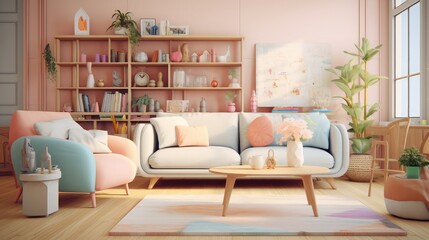 Interior of a cozy living room with wooden furniture and pastel colors.