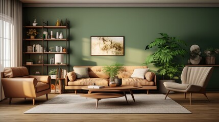 Living room interior design- 3d render beige, brown and green colored furniture and wooden elements