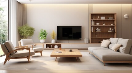 Living room interior design- 3d render with beige and gray colored furniture and wooden elements