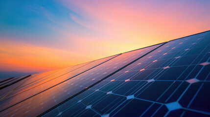 Close-up of a solar panel bathed in the warm glow of a sunset, with sunlight glinting off the photovoltaic cells. Colors include deep orange, red, purple, and blue hues