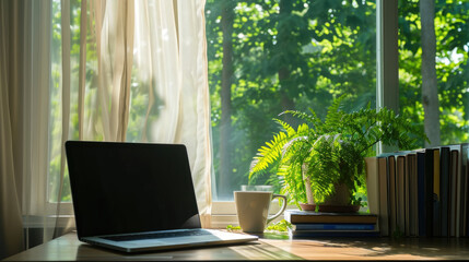 A modern laptop computer sits on a sleek desk next to a large window, offering a view of a lush green landscape. A cup of coffee and a fern plant sit beside the laptop