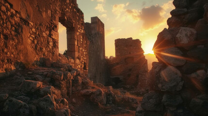 The ruins of an ancient fortress its walls aglow in the fiery light of sunset. - obrazy, fototapety, plakaty