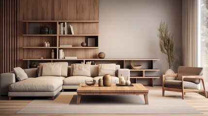 Living room interior design- 3d render gray, brown and beige colored furniture and wooden elements