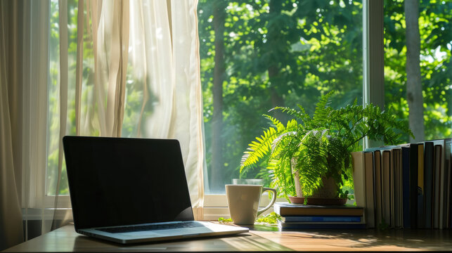 A modern laptop computer sits on a sleek desk next to a large window, offering a view of a lush green landscape. A cup of coffee and a fern plant sit beside the laptop