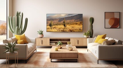 Living Room Interior With Smart Tv, Cabinet, Sofa, Cactus Plant And Coffee Table