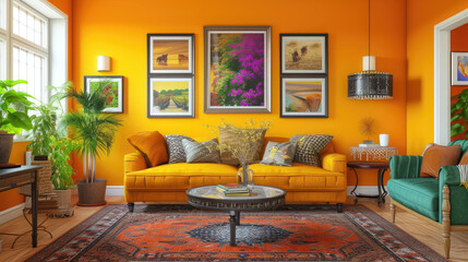 the yellow living room features many pieces of art and various frames