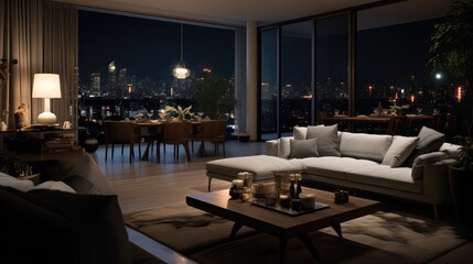 Luxury Living Room At Night With Sofa, Floor Lamp And Dining Room