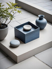 Zen Garden Patio - Professional Close-up Photo of a Minimalistic Asian-Inspired Interior Setting with Functional Storage Solutions Gen AI - 729732592