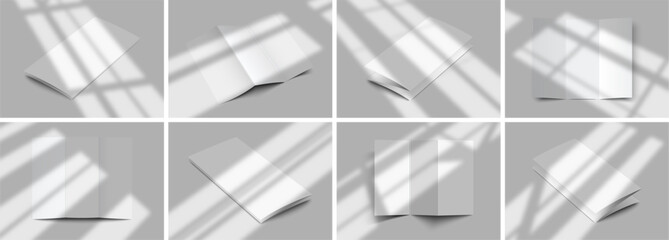 Realistic set mock-up booklet / brochure with from window shadow overlay effects: 8 tipe mockup and 8 tipe shadow. Vector illustration 2024