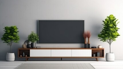 Mockup a TV wall mounted with decoration in living room and white wall.3d rendering