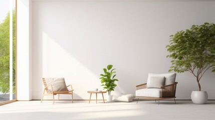 Modern contemporary style living room with nature inside 3d render There are empty white wall for copy space with sunlight shining into the room