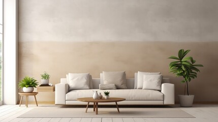 Modern Living Room Interior With Empty Wall, Sofa, House Plants And Coffee Table