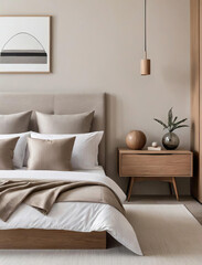 Sleek Minimalist Bedroom with Neutral Palette and Mid-Century Modern Sophistication Gen AI - 729733147
