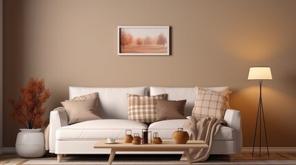 The stylish composition of living room interior with beige sofa with pillow, plaid, coffee table and personal accessories. beige wall with mock up poster. Home decor. Template.
