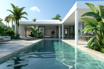 Exterior of modern minimalist cubic villa with swimming pool with tropical plants