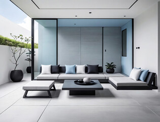 Harmonious Serenity - Professional close-up photo of a minimalistic patio with multi-functional furniture and geometric shapes Gen AI - 729733745