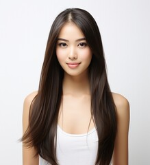 Beautiful Asian female with long straight hair on studio background