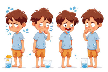 Symptoms of dehydration include dry mouth, excessive thirst, dark urine, and lethargy - obrazy, fototapety, plakaty