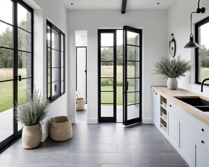 Minimalistic Farmhouse Patio - Functional Storage and Compact Living Space with Soft Natural Light Gen AI - 729733914