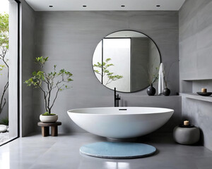 Minimalistic Patio - Serene Bathroom and Zen Garden with Reflective Surfaces Gen AI - 729733948