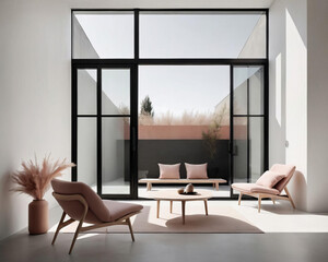 Minimalistic Patio Interior - Nordic simplicity, architectural details, and soft natural light filtering through unadorned windows Gen AI - 729733976