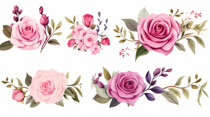 Beautiful romantic flower collection with roses leave. Romantic flower set background - obrazy, fototapety, plakaty