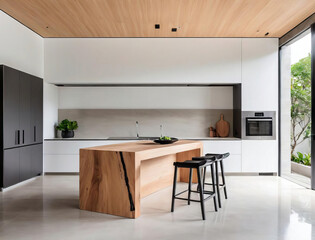 Asian Minimalistic Patio - Spacious Kitchen Island with Natural Materials and Industrial Chic Accents Gen AI - 729734317