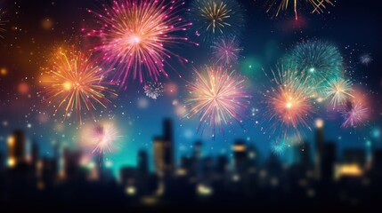 illustration - colorful fireworks in the night sky, bokeh blur background, out of focus city lights, background image.